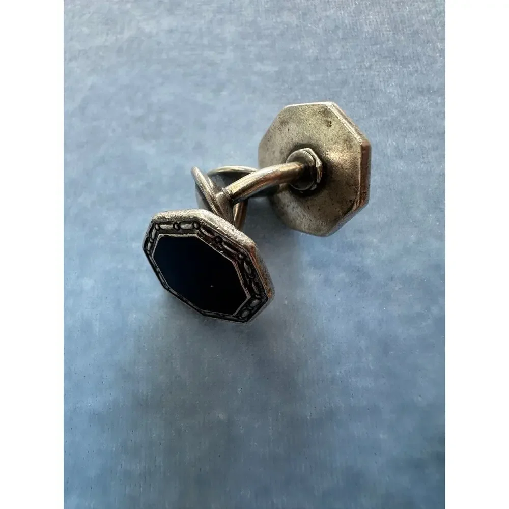 Vintage Sterling Silver Cufflinks Black Onyx Enamel Art Deco Mens